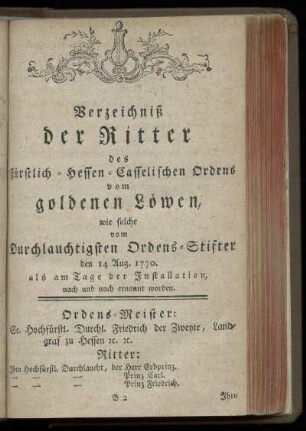 Verzeichniß der Ritter des Fuerstlich-Hessen-Casselischen Ordens vom goldenen Loewen