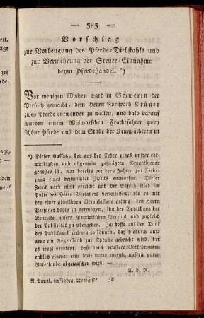 Vorschlag zur Vorbeugung des Pferde-Diebstahls und zur Vermehrung der Steuer-Einnahme beym Pferdehandel