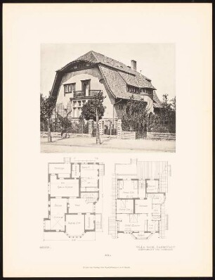 Landhaus Friedrich Back, Darmstadt: Hauptansicht und Grundrisse (aus: Alfred Messel, 1912)