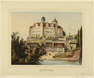Das Schloss Wildeck in Zschopau im Erzgebirge, Blick vom Fluss Zschopau nach Norden, aus dem Album der Rittergüter und Schlösser im Königreiche Sachsen