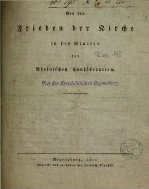 Von dem Frieden der Kirche in den Staaten der Rheinischen Conföderation