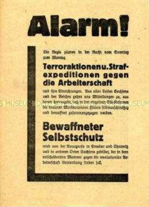 Propagandaflugblatt der KPD zur Reichstagswahl am 31. Juli 1932 mit dem Aufruf zum bewaffneten Selbstschutz gegen eventuelle Provokationen der Nazis