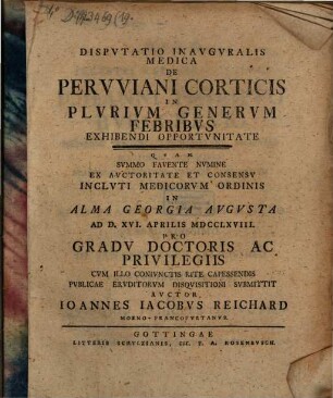 Dispvtatio Inavgvralis Medica De Pervviani Corticis In Plvrivm Generem Febribvs Exhibendi Opportvnitate