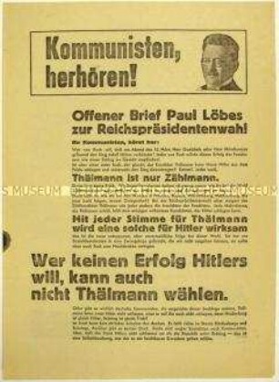 Aufruf der SPD an KPD-Anhänger zur Wahl von Paul von Hindenburg zum Reichspräsidenten 1932