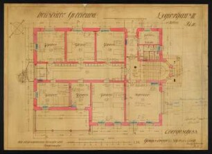 Bad Gottleuba, Heilstätte Gottleuba, Logierhaus III. Obergeschoss, Grundriss, Schilling & Graebner, Dresden, um 1910. Lichtpause, teilweise koloriert mit Korrekturen und Ergänzungen, Bleistift, Buntstift/Papier. 53 x 73 cm. Maßstab 1 : 50. Bez.: "Heilstätte Gottleuba, Logierhaus III. Bl. 10."