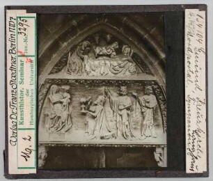 Schwäbisch-Gmünd, Heiligkreuz-Kirche: Nordportal, Tympanon. Anbetung der Könige, Geburt Christi (Stoedtner-Nr. 13904)