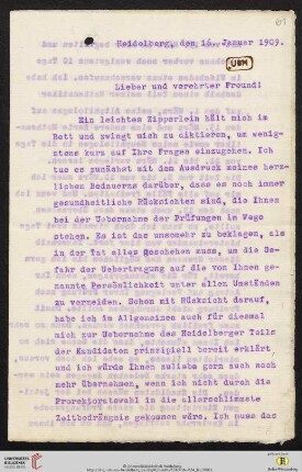 Brief von Wilhelm Windelband an Heinrich Rickert