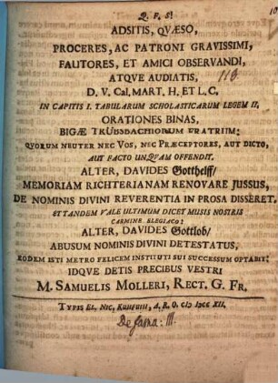 Adsitis, quaeso, proceres ... atque audiatis ... orationes binas bigae Trübsbachiorum fratrum : [Programma invitatorium quo dissertatio de fama continuatur]