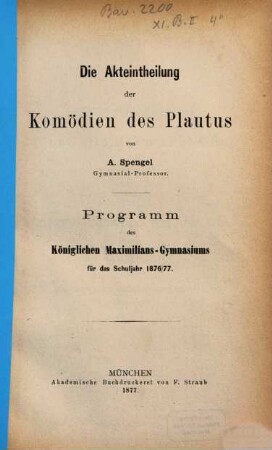 Die Akteintheilung der Komödien des Plautus