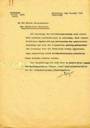 Rundschreiben an die Bürgermeister des Landkreises Merseburg mit der Anweisung des Kulturamtes zur Schließung aller privaten Leihbüchereien