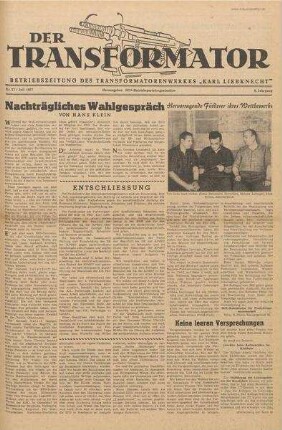 TRO-Betriebszeitung 'Der Transformator'; Nr. 27/1957 (Juli 1957)