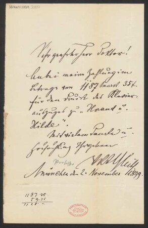Brief an Ludwig Strecker  an B. Schott's Söhne : 02.11.1899