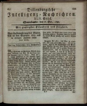 XLII. Stück. Sonnabends: den 16. Oct., 1790.