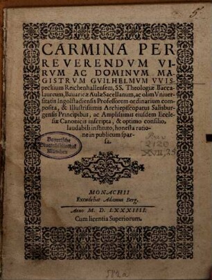Carmina illust. Archiepiscopotus Salisburgensis Principibus inscripta