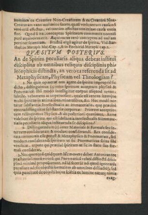 Quaesitum Posterius. An de Spiritu peculiaris debeat institui disciplina ab omnjbus reliquis disciplinis ... ?
