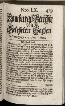 Nro. LX. auf das Jahr 1742. den 3. Aug. - Nro. LXVIII. auf das Jahr 1742. den 31. Aug.