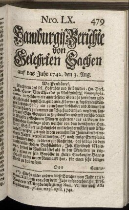 Nro. LX. auf das Jahr 1742. den 3. Aug. - Nro. LXVIII. auf das Jahr 1742. den 31. Aug.