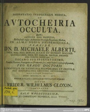 Dissertatio Inauguralis Medica De Autocheiria Occulta