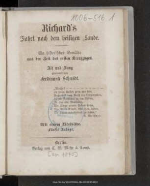 Richard's Fahrt nach dem heiligen Lande : ein historisches Gemälde aus der Zeit des ersten Kreuzzuges