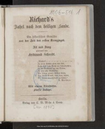Richard's Fahrt nach dem heiligen Lande : ein historisches Gemälde aus der Zeit des ersten Kreuzzuges
