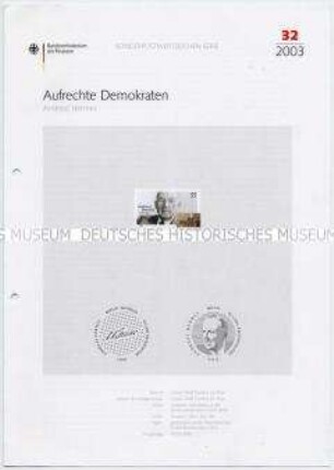 Informationsschrift zum Entwurf einer Sonderbriefmarke mit dem Porträt von Andreas Hermes für die Serie "Aufrechte Demokraten"