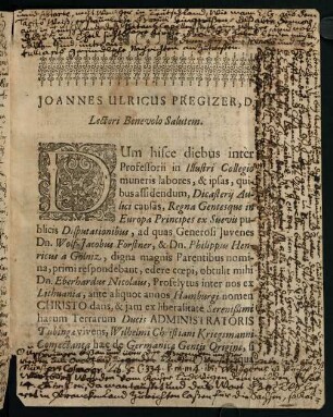 2r-4v, Joannes Ulricus Pregizer, D. Lectori Benevolo Salutem.