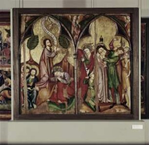 Hofgeismarer Passionsretabel — Linker Flügel - Christus am Ölberg und seine Gefangennahme