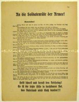Aufruf an die Soldatenräte der deutschen Armee zur Einberufung des Reichstags im Zuge der Novemberrevolution 1918