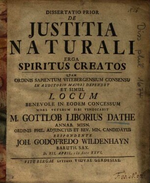 Dissertatio Prior De Justitia [Iustitia] Naturali Erga Spiritus Creatos