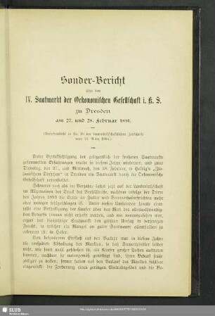 Sonder-Bericht über den IV. Saatmarkt der Oekonomischen Gesellschaft i. K. S. zu Dresden am 27. und 28. Februar 1894