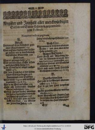 Register und Innhalt aller merckwürdigen Sachen und Sitten-Lehren in gegenwärtigem Festvali.
