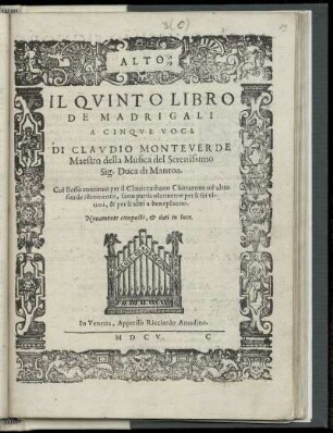 Claudio Monteverdi: Il quinto libro de madrigali a cinque voci. Alto