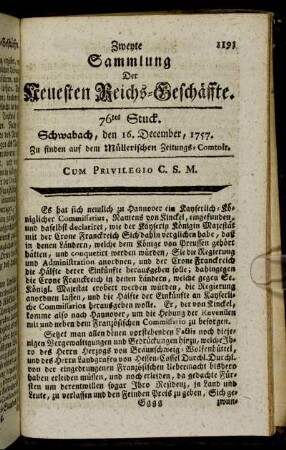 76tes Stuck. Schwabach, den 16. December, 1757.