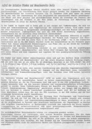 Aufruf der Initiative Frieden und Menschenrechte Berlin (IFM) zum "inneren Frieden" - Sachkonvolut