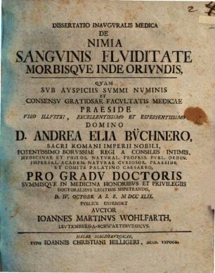 Diss. inaug. med. de nimia sanguinis fluiditate, morbisque inde oriundis