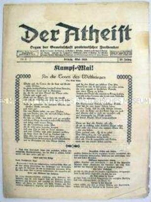 Monatszeitung des Proletarischen Freidenker-Verbandes "Der Atheist" zum 1. Mai