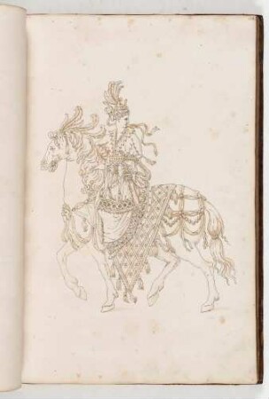 Reiterin in prachtvollem Kostüm auf einem Pferd, in: Equestrium statuarum [...] formae [...] artificiosissime pictis, Bl. 38