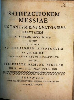 Satisfactionem Messiae Piis Tantvm Eivs Cvltoribvs Salvtarem E Psalm. XVI, v. 2 - 4