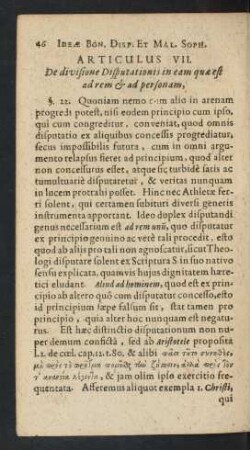 Articulus VII. De divisione Disputationis in eam quae est ad rem [et] ad personam