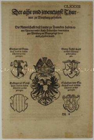Achtundzwanzigstes Turnier zu Würzburg - Stadt-, Kaiser- und Familienwappen (S. CLXXXII aus dem Turnierbuch/1. Teil)