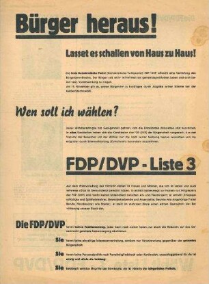 "Bürger heraus! Lasset es schallen von Haus zu Haus" Werbeblatt mit den FDP-DVP-Kandidaten zur Gemeinderatswahl