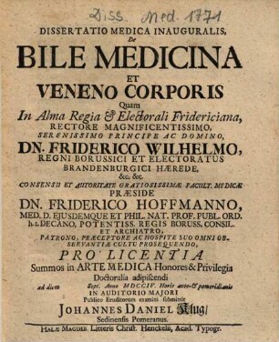 Dissertatio Medica Inauguralis, De Bile Medicina Et Veneno Corporis