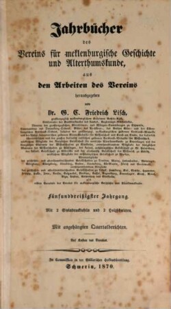 Jahrbücher des Vereins für Mecklenburgische Geschichte und Altertumskunde. 35. 1870