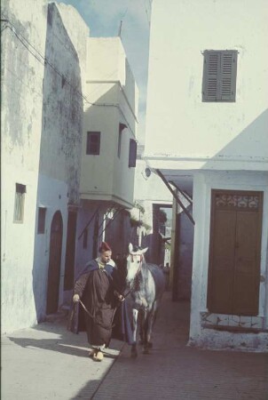Reisefotos. Reiter, sein Pferd durch eine Altstadtgasse führend (wohl im arabischen Raum)