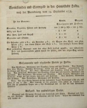 Sperrstunden und Sperrgeld in der Hauptstadt Fulda, nach der Verordnung vom 19. September 1778.