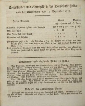 Sperrstunden und Sperrgeld in der Hauptstadt Fulda, nach der Verordnung vom 19. September 1778.