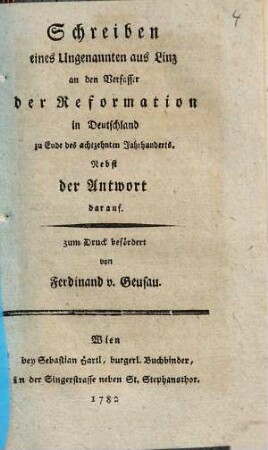 Schreiben eines Ungenannten aus Linz an den Verfasser der Reformation in Deutschland zu Ende des achtzehnten Jahrhunderts : Nebst der Antwort darauf