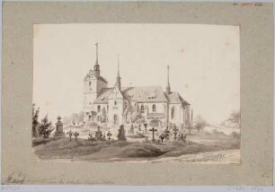 Die Kirche in Briesnitz westlich von Dresden (um 1260, 15. Jh., Turm 1602, vor dem neogot. Umbau durch Möckel 1881/82), Blick nach Nordwesten