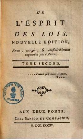 Oeuvres de Monsieur de Montesquieu. 2, De l'esprit des lois ; 2