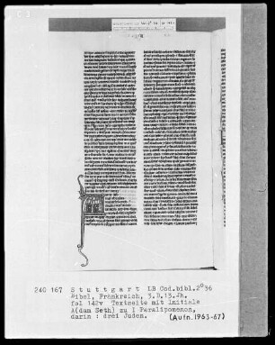 Bibel — Initiale A (dam Seth), darin drei Juden, Folio 142verso